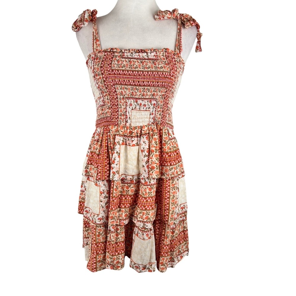American Eagle Cottage Smocked Dress Small Frilly Floral Patchwork Tie Strap
